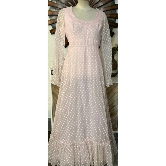 vintage jack Bryan sheer polka dot pink Prairie Maxi Dress Medium - Picture 1 of 9